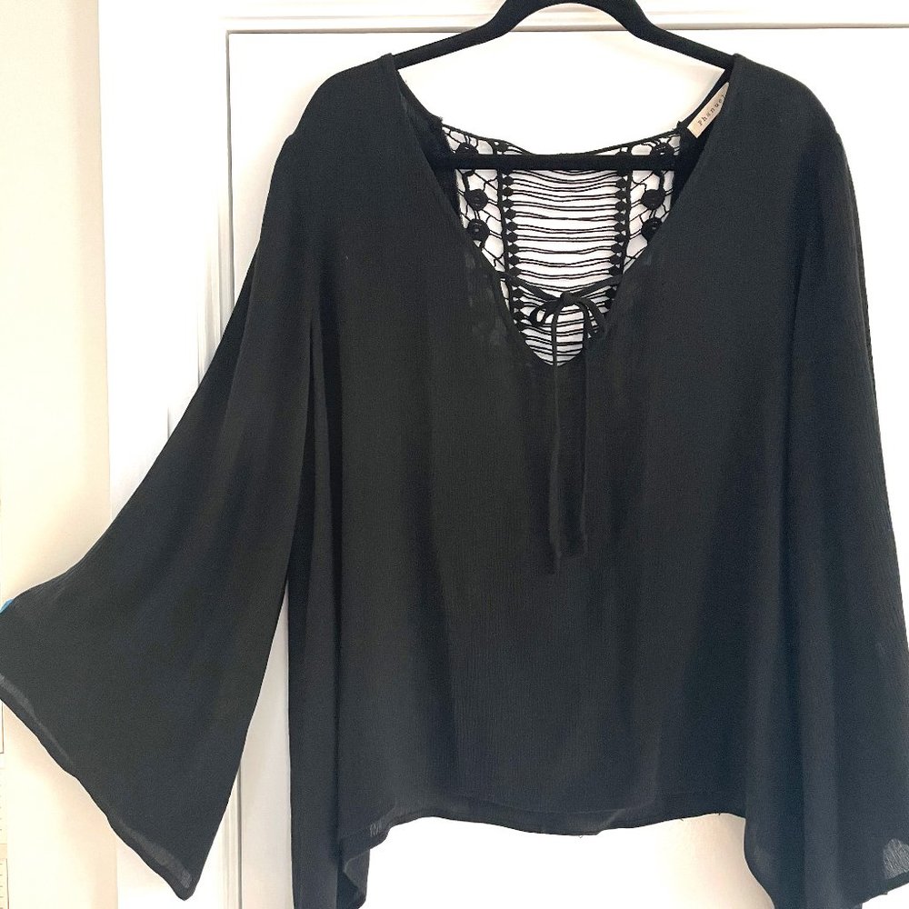 PHANUEL Black Bell Sleeve Open-Back Top
